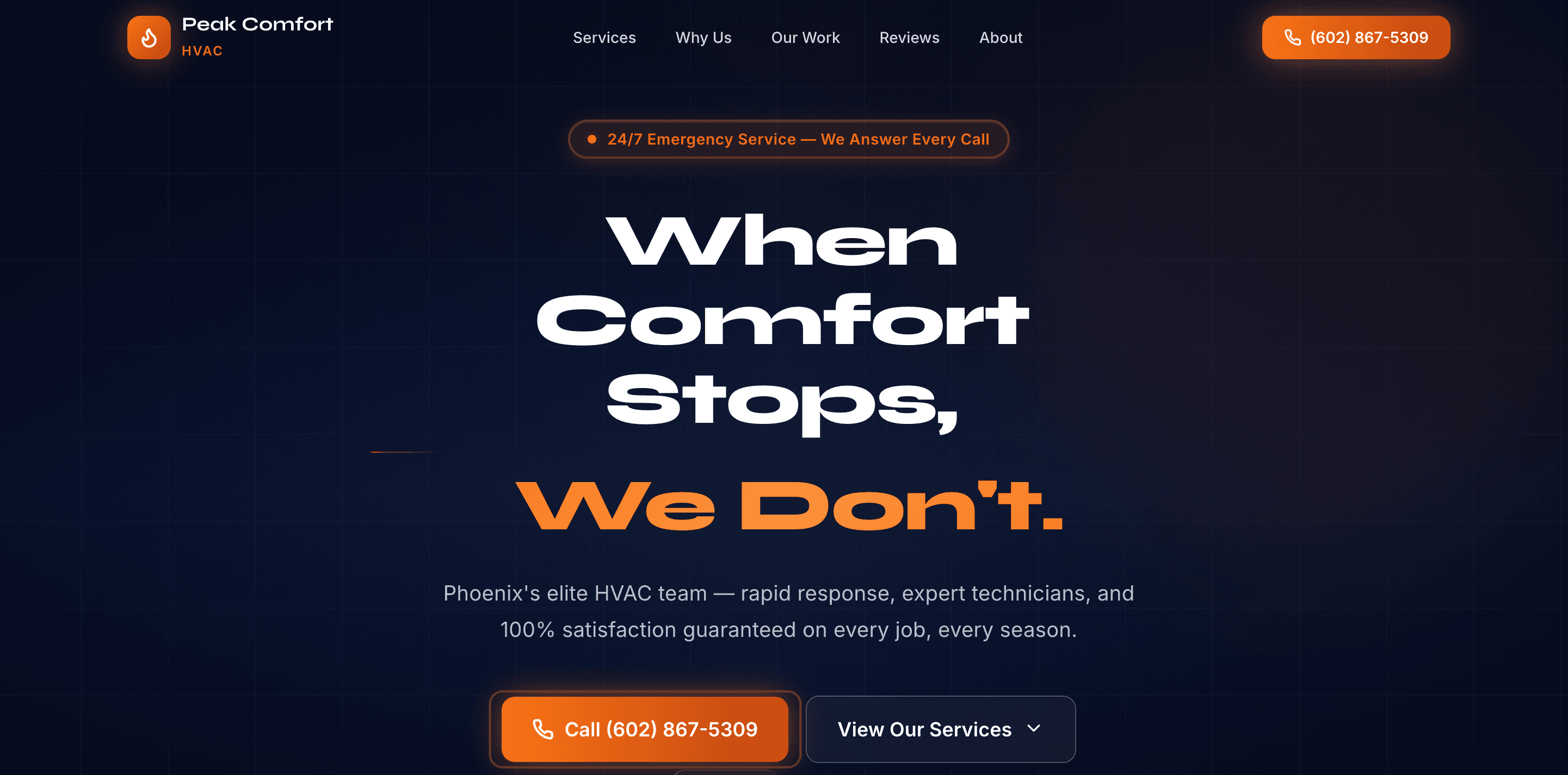 Peak Comfort HVAC website screenshot